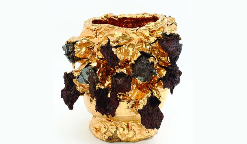 Tea bowl, 2017, porcelain, stone, glaze, pigment, gold